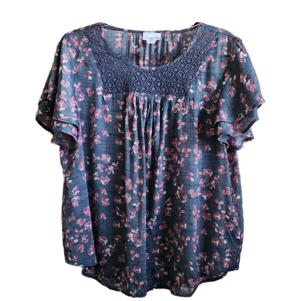 Liz Claiborne Women's Blouse Size PXXL Gray Floral Lace Neckline Ruffle Sleeve